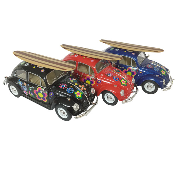 1967 VW Beetle diecast - Flower Power - 3 colours  w/Surfboard scale 1:24 - 1 doz mixed pack