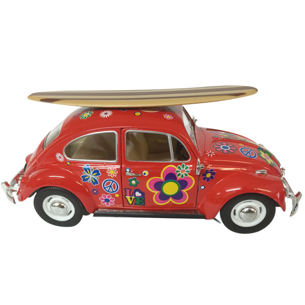 1967 VW Beetle diecast - Flower Power - RED - w/Surfboard scale 1:24