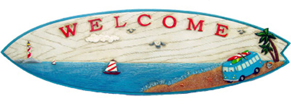 Surf Board Welcome Sign with old Hippie Van